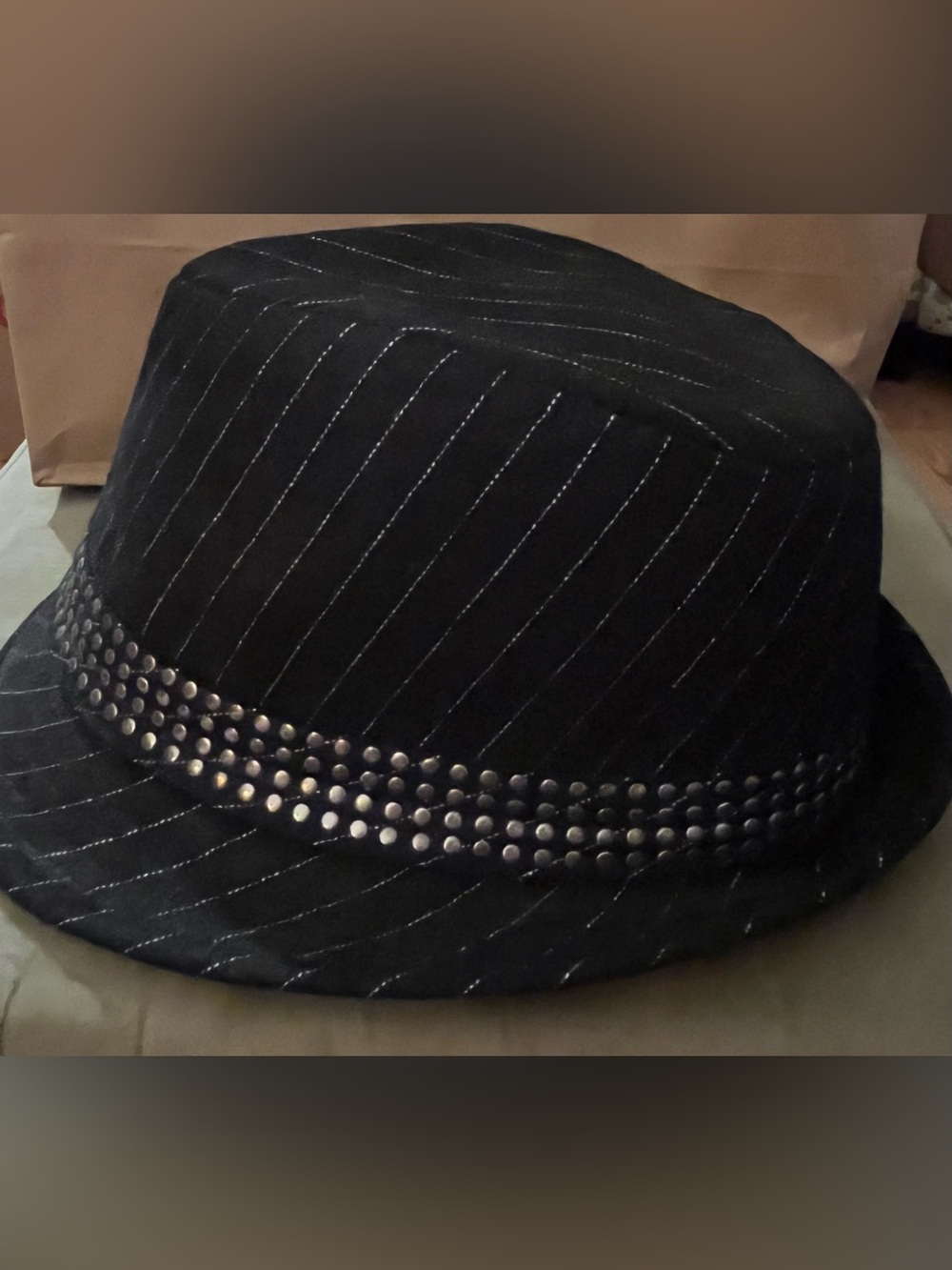 Something Special Studded Pinstripe Fedora in Black & Silver M/L